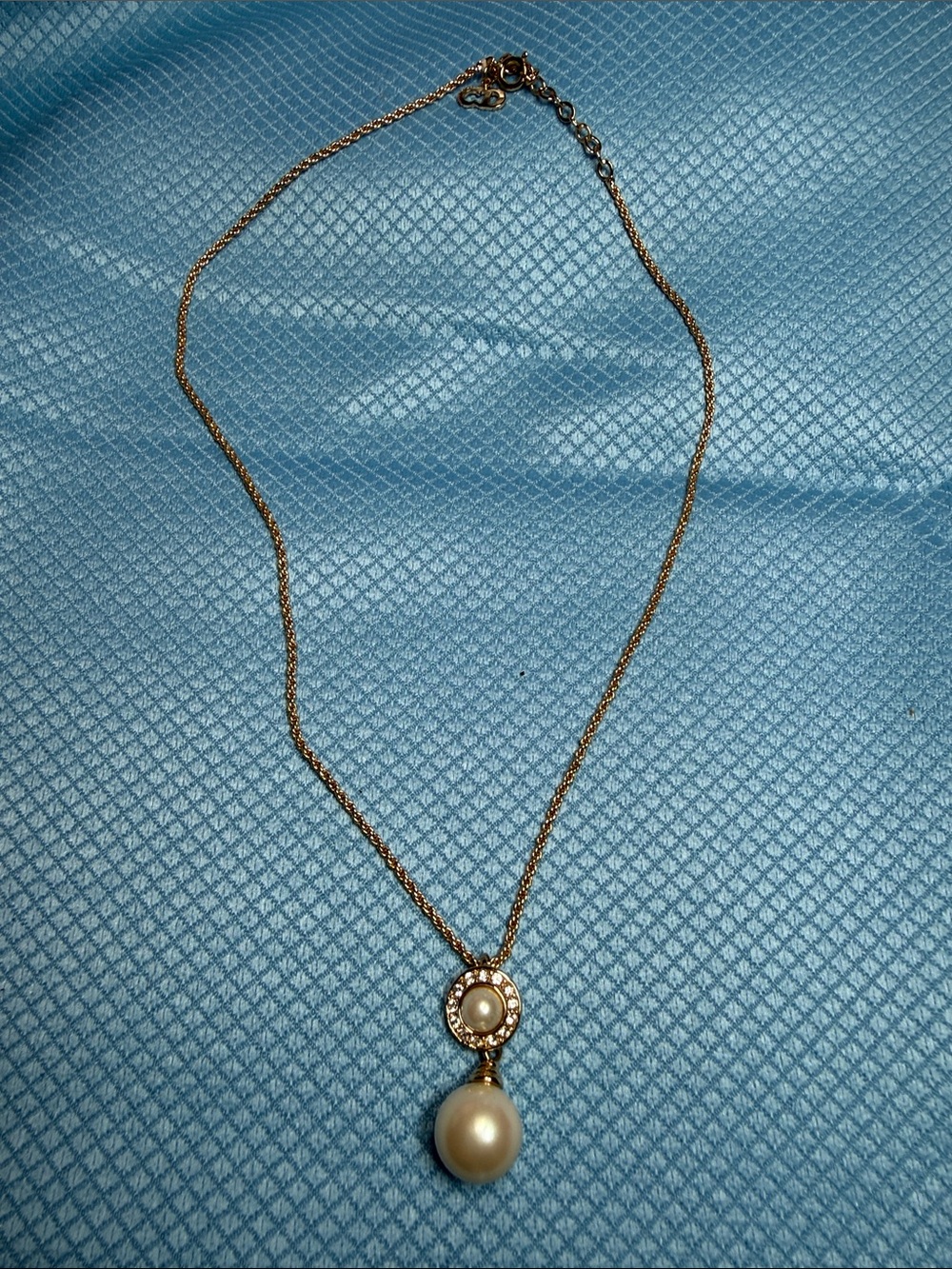Vintage Gold Tone Christian Dior Necklace Faux Pearl Pendant - 16 inch